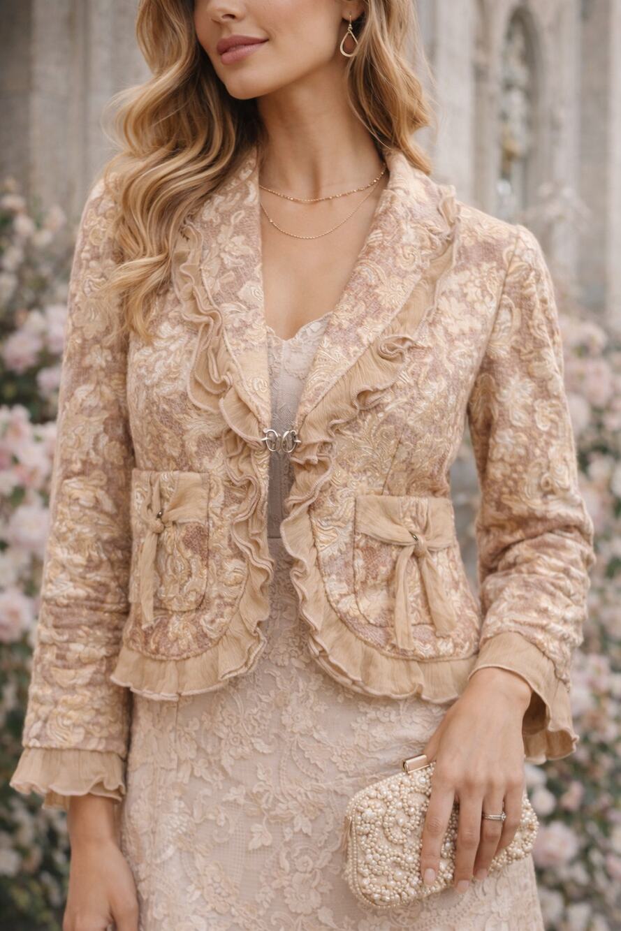 Ceres Womens Floral Brocade Ruffle Trim Jacket Blazer Beige Tan Size L